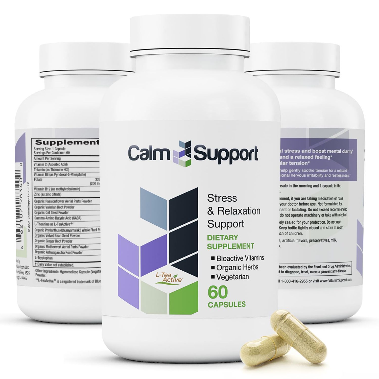 CalmSupport: Stress Relaxation Support - Ashwagandha, Passion Flower, Valerian Root, Ginger, GABA, Velvet Bean, Motherwort, Oat Seed, Phyllanthus, L-Theanine, L-Tryptophan, Folate, C,B1,B6,B12,Zinc