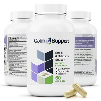 CalmSupport: Stress Relaxation Support - Ashwagandha, Passion Flower, Valerian Root, Ginger, GABA, Velvet Bean, Motherwort, Oat Seed, Phyllanthus, L-Theanine, L-Tryptophan, Folate, C,B1,B6,B12,Zinc