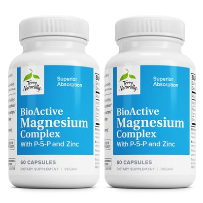 Terry Naturally BioActive Magnesium Complex - Bone Heart Health Support - Supplement with Vitamin B6, Zinc Magnesium - Pyridoxal-5-Phosphate Vegan Capsule Supplement - 60 Capsules (Pack of 2)