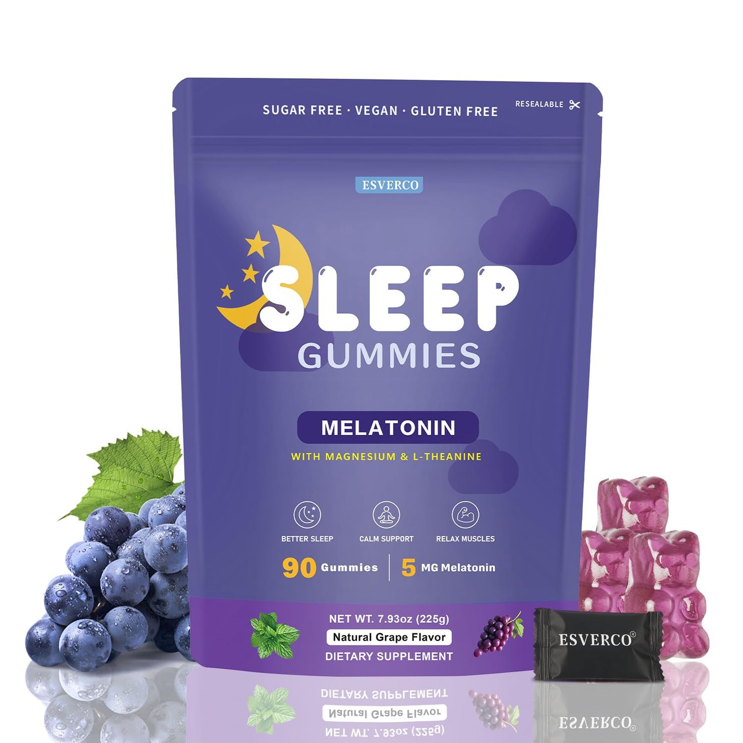 Sleep Gummies with 5mg Melatonin 50mg Magnesium, L-Theanine, Lemon Balm, Blue Passionflower, Chamomile, Sleep Support, Help for Relaxation, Vegan, Grape Flavor, 90 Count