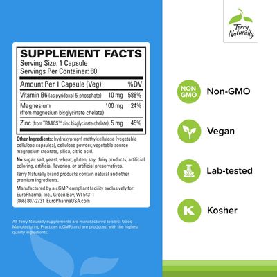 Terry Naturally BioActive Magnesium Complex - Bone Heart Health Support - Supplement with Vitamin B6, Zinc Magnesium - Pyridoxal-5-Phosphate Vegan Capsule Supplement - 60 Capsules (Pack of 2)