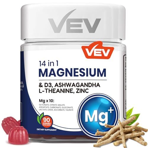 VEV Magnesium Glycinate Citrate Gummies - Ashwagandha Gummies with D3 Zinc - Cortisol Supplements for Women - Sugar-Free Vegan Magnesium Complex Gummies - 90 Count