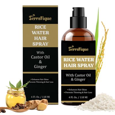TERRAFIQUE Rice Water Hair Shine Spray for Women - Leave-In Conditioner with Castor Ginger for Hair Growth, All Hair Types - 4 Fl Oz 118 Ml (1 Pack)