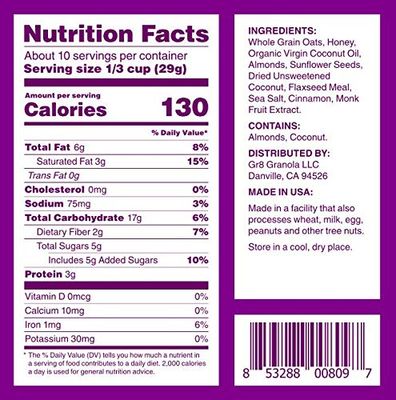 gr8nola THE ORIGINAL - Healthy, Low Sugar Granola Cereal - Made with Superfoods, Whole Almonds, Honey, Cinnamon and Flaxseed, Soy Free, Dairy Free and No Refined Sugar - 10oz Resealable Bag