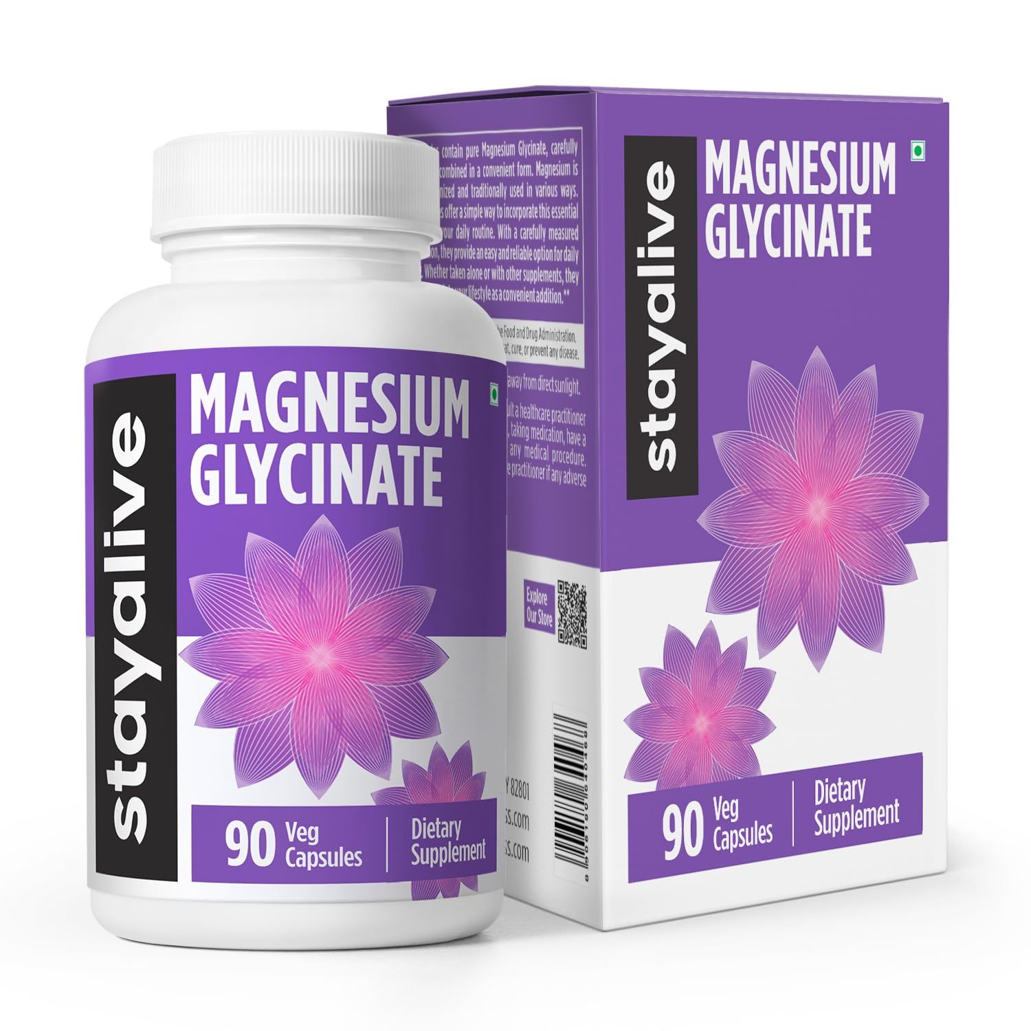 STAY ALIVE Chelated Magnesium Glycinate 500mg, High Absorption, 90 Capsules, 100 Pure Glycinate Powder, Extra Strength Magnesium Supplement for Women and Men, Non-GMO Gluten Free Pills