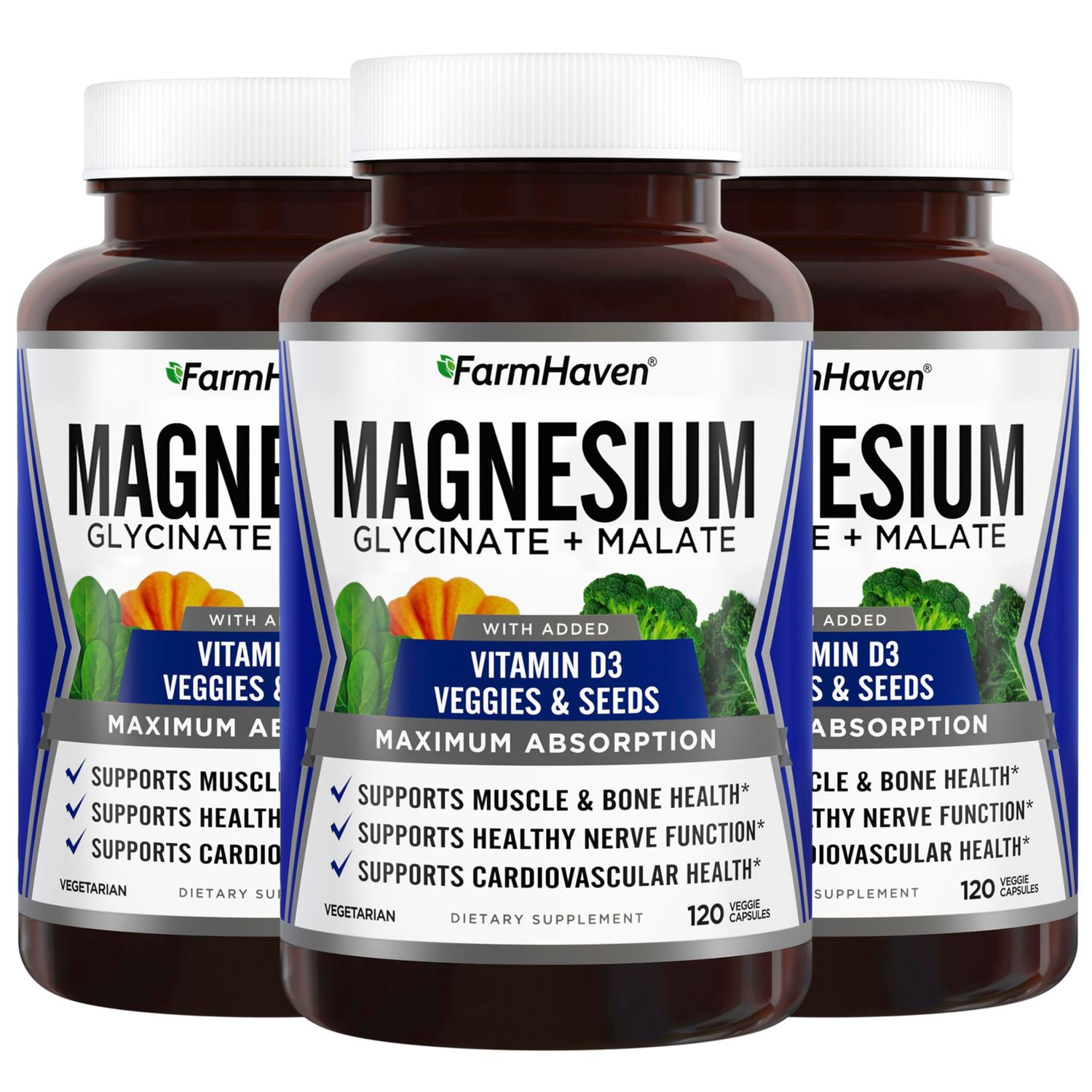 FarmHaven Magnesium Glycinate Malate Complex w Vitamin D3, 100 Chelated for Max Absorption, Vegan - Bone Health, Nerves, Muscles, 360 Capsules, 180 Days