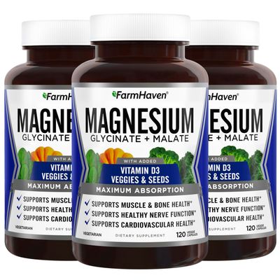 FarmHaven Magnesium Glycinate Malate Complex w Vitamin D3, 100 Chelated for Max Absorption, Vegan - Bone Health, Nerves, Muscles, 360 Capsules, 180 Days