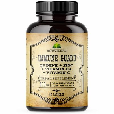 HERBALICIOUS Quinine Immune Guard - Quinine Capsules Supplement with Vitamin C, D3, Zinc - for Muscle Cramps Relief Stomach Wellness - Non-GMO Cinchona Bark Herbal Supplements - 500mg, 60 Capsules