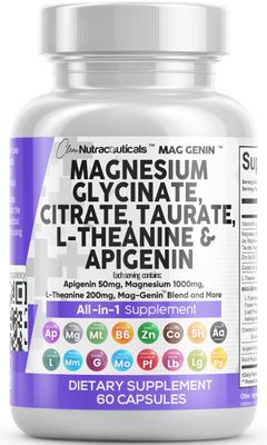 Clean Nutraceuticals Magnesium Glycinate Complex 1000mg with L-Theanine 200mg Apigenin 50mg Citrate Taurate Supplement - 5-HTP GABA Passion Flower Lemon Balm L-Glycine Phosphatidylserine - 60 Count