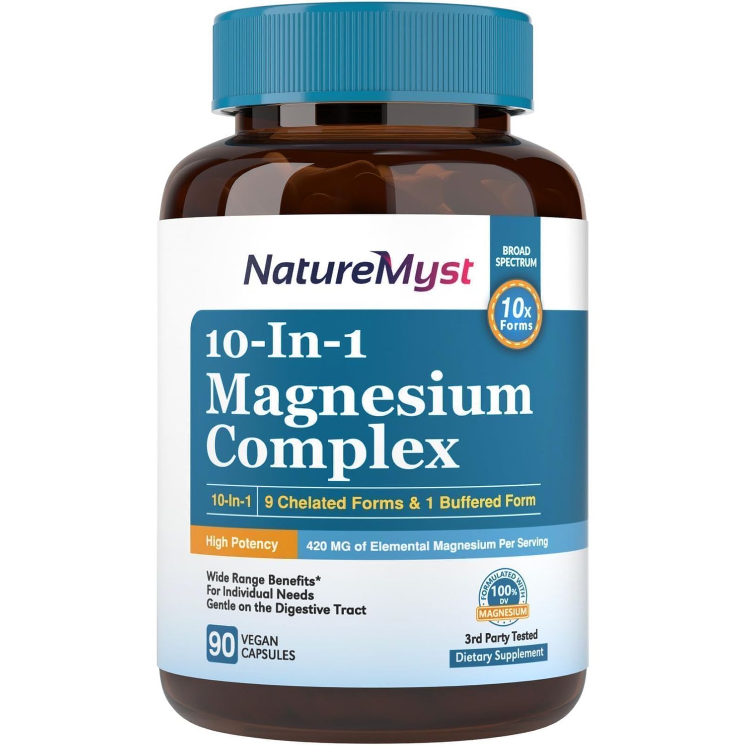 Magnesium Complex Supplement, 420mg Elemental Magnesium, 10 High Absorption Forms Magnesium Glycinate, Citrate, Malate, Taurate More for Sleep, Nerve, Muscle Health, Non-GMO, 90 Vegan Capsules