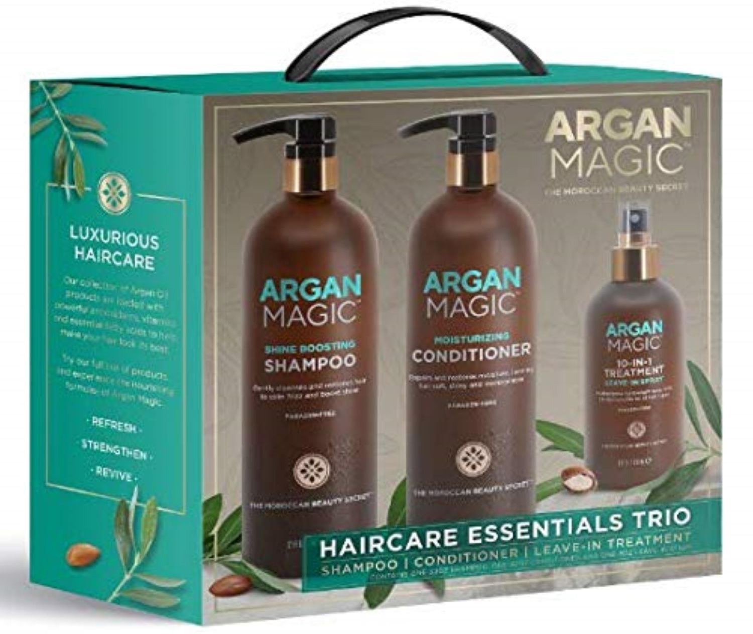 ARGAN MAGIC Hair Care Essentials Trio - Shine Boosting Shampoo Moisturizing Conditioner 10 in 1 Leave in Spray Restores Shine Elasticity Hydrates Detangles Made in USA (32 oz 8 oz)