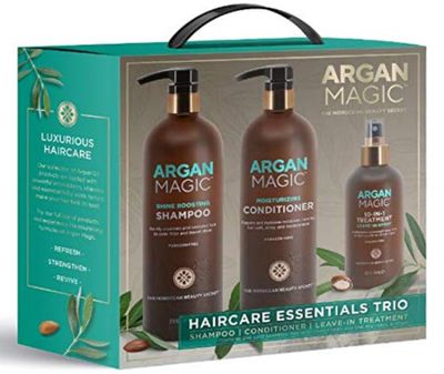 ARGAN MAGIC Hair Care Essentials Trio - Shine Boosting Shampoo Moisturizing Conditioner 10 in 1 Leave in Spray Restores Shine Elasticity Hydrates Detangles Made in USA (32 oz 8 oz)