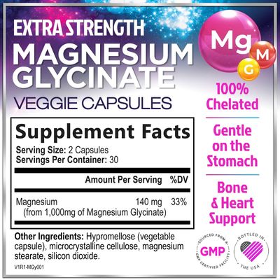 Magnesium Glycinate 1000mg - High Absorption Chelated Magnesium for Sleep, Muscle, Nerve Heart Support - Gentle on Stomach, Vegan, Non-GMO Supplement for Women Men - Bottled in USA - 60 Capsules