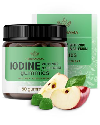 HERBAMAMA Iodine Gummies - Potassium Iodine, Zinc Selenium for Immune Defense Brain Support - Vegan, Non-GMO Immune Support Supplement - 60 Pectin-Based Apple-Flavored Chews