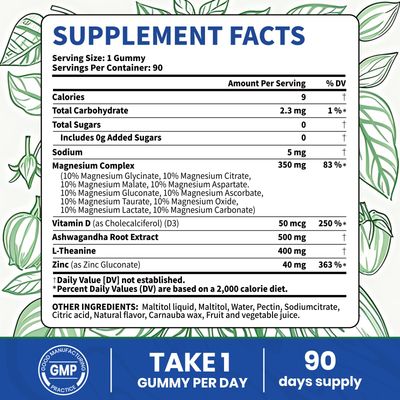 VEV Magnesium Glycinate Citrate Gummies - Ashwagandha Gummies with D3 Zinc - Cortisol Supplements for Women - Sugar-Free Vegan Magnesium Complex Gummies - 90 Count