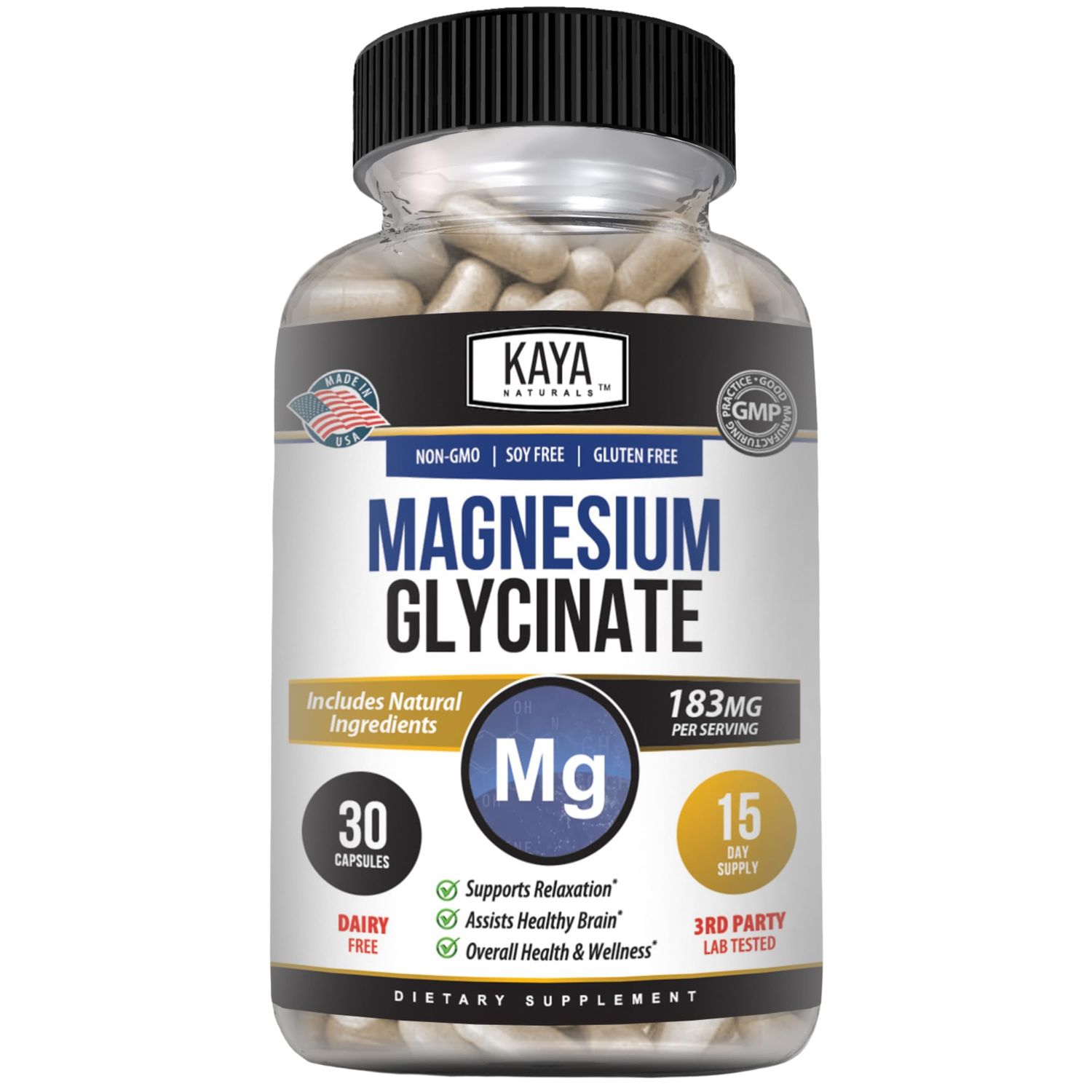 Kaya Naturals Magnesium Glycinate 183mg per Caps, Chelated for Maximum Absorption, Non-GMO, NO Gluten Dairy Soy, Supports Muscle, Joint, and Heart Health (30 Count (Pack of 1)