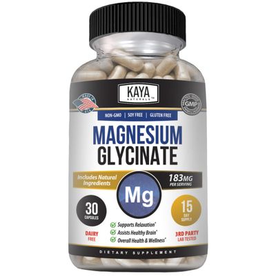 Kaya Naturals Magnesium Glycinate 183mg per Caps, Chelated for Maximum Absorption, Non-GMO, NO Gluten Dairy Soy, Supports Muscle, Joint, and Heart Health (30 Count (Pack of 1)