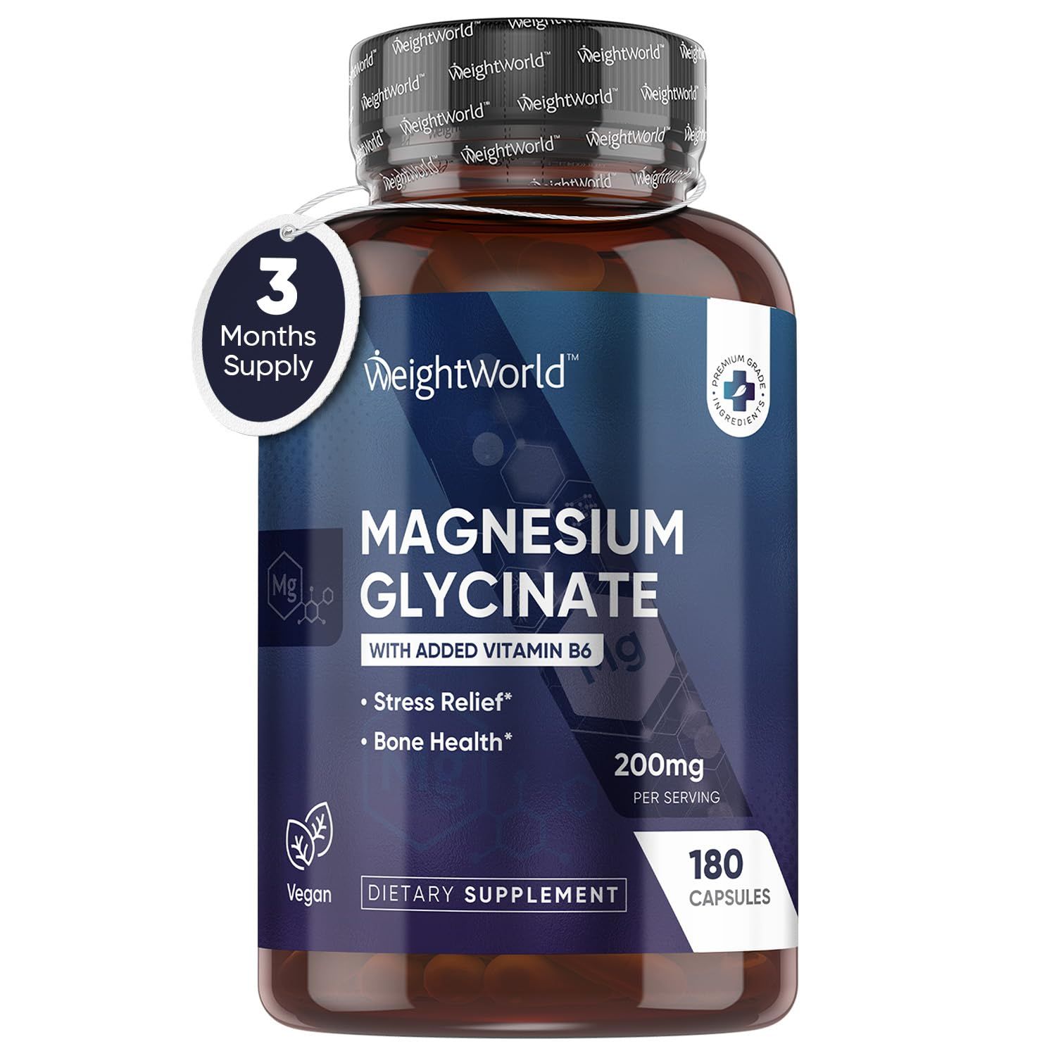 WeightWorld Magnesium Glycinate Capsules 200mg - 180 Capsules (3 Months Supply) - with Added Vitamin B6 2mg - High Absorption Magnesium Supplement - Vegan Gluten-Free Magnesium Pills