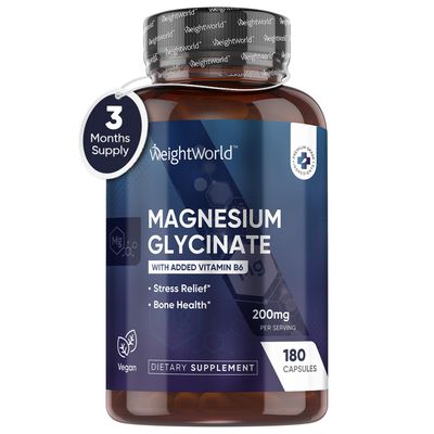 WeightWorld Magnesium Glycinate Capsules 200mg - 180 Capsules (3 Months Supply) - with Added Vitamin B6 2mg - High Absorption Magnesium Supplement - Vegan Gluten-Free Magnesium Pills