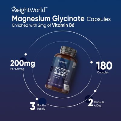 WeightWorld Magnesium Glycinate Capsules 200mg - 180 Capsules (3 Months Supply) - with Added Vitamin B6 2mg - High Absorption Magnesium Supplement - Vegan Gluten-Free Magnesium Pills