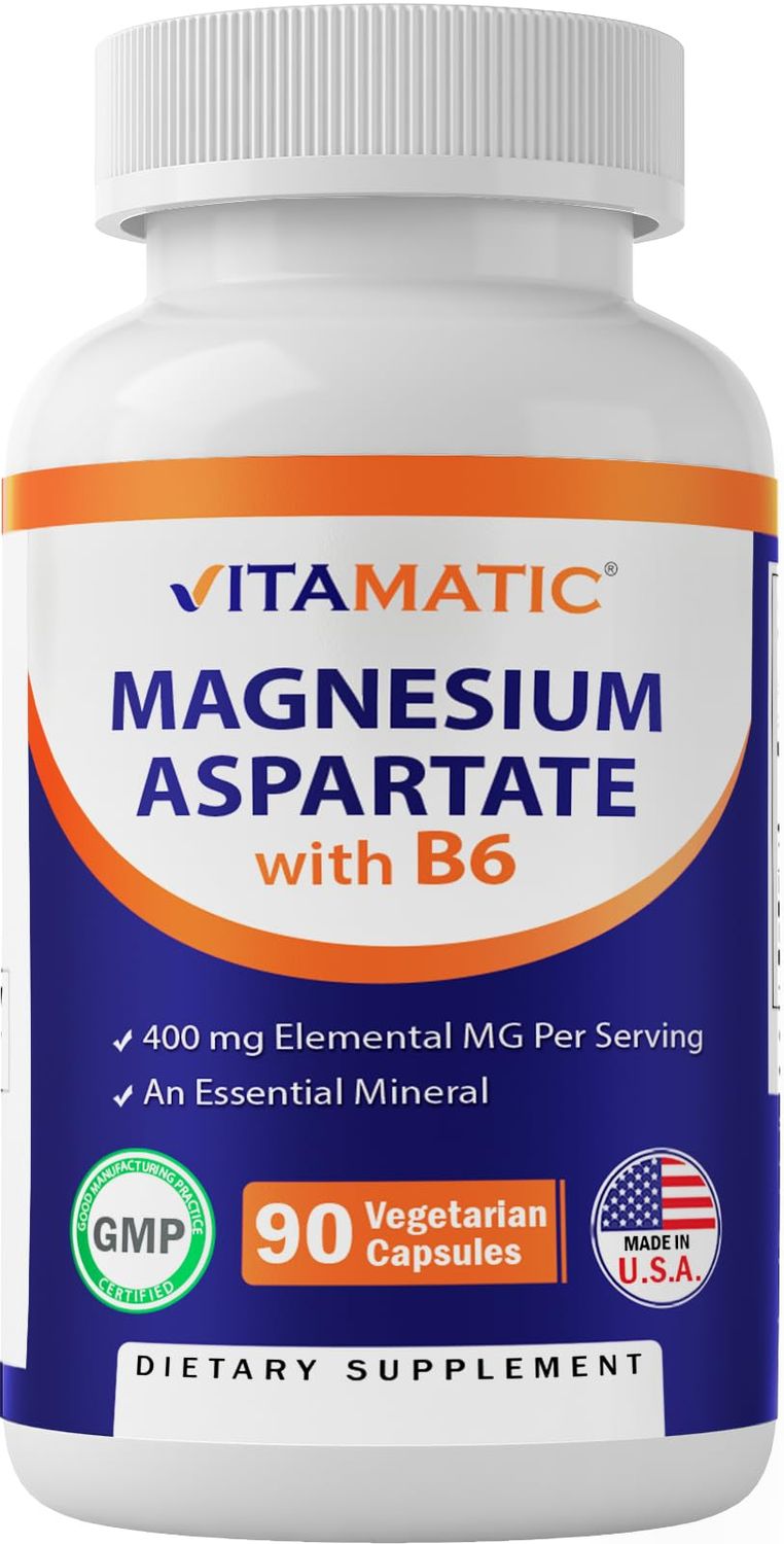 Vitamatic Magnesium Aspartate 400mg per Serving - 90 Vegetarian Capsules - Added B6 for Maximum Absorption - Supports Muscle, Joint, and Heart Health