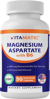 Vitamatic Magnesium Aspartate 400mg per Serving - 90 Vegetarian Capsules - Added B6 for Maximum Absorption - Supports Muscle, Joint, and Heart Health