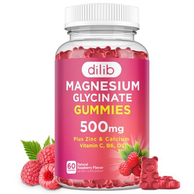 Magnesium Glycinate Gummies 500mg Magnesium Supplement with Calcium, Zinc, Vitamin C, B6, D3-Calm Chewable Gummies for Kids Adults-Sleep, Mood Muscle Support-Raspberry Flavor, 60 Gummies