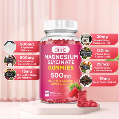 Magnesium Glycinate Gummies 500mg Magnesium Supplement with Calcium, Zinc, Vitamin C, B6, D3-Calm Chewable Gummies for Kids Adults-Sleep, Mood Muscle Support-Raspberry Flavor, 60 Gummies
