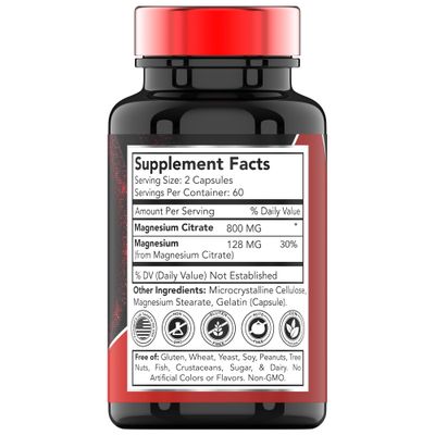 TNVitamins Magnesium Citrate 800 MG - 120 Capsules Two Month Supply! Pure Magnesium Citrate Powder Capsules Citrato De Magnesio Non-GMO Produced in The USA!