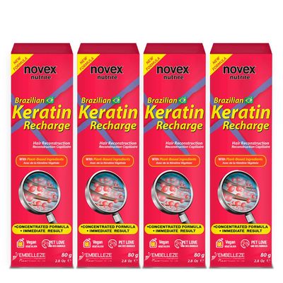NOVEX Leave-In Conditioner - Brazilian Keratin Recharge Tube - 3 fl oz (Pack of 4) - Reconstructive Keratin, Frizz Control Damage Repair, Ultra Concentrated Formula for Smooth and Straight Hair