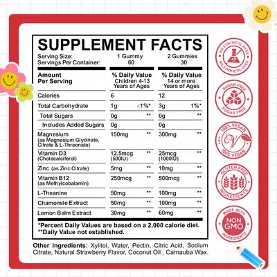 Kids Magnesium Glycinate Gummies with Calm Magnesium Citrate, L-Threonate Supplement for Kids Adults with Zinc, Vitamin D3, B12, L-Theanine for Sleep Bone Muscle Mood, Strawberry, 60ct