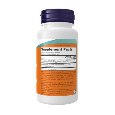 NOW Foods Supplements, Magnesium Glycinate with BioPerine, 60 Veg Capsules