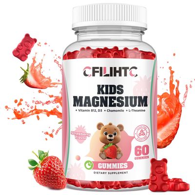 Kids Magnesium Glycinate Gummies with Calm Magnesium Citrate, L-Threonate Supplement for Kids Adults with Zinc, Vitamin D3, B12, L-Theanine for Sleep Bone Muscle Mood, Strawberry, 60ct