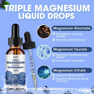 Magnesium Glycinate Liquid Drops with Taurate Citrate, Magnesium Supplement for Sleep, Calm Relaxation, with Potassium Omega-3, High Absorption Formula, Blueberry Flavor, 2 Fl Oz