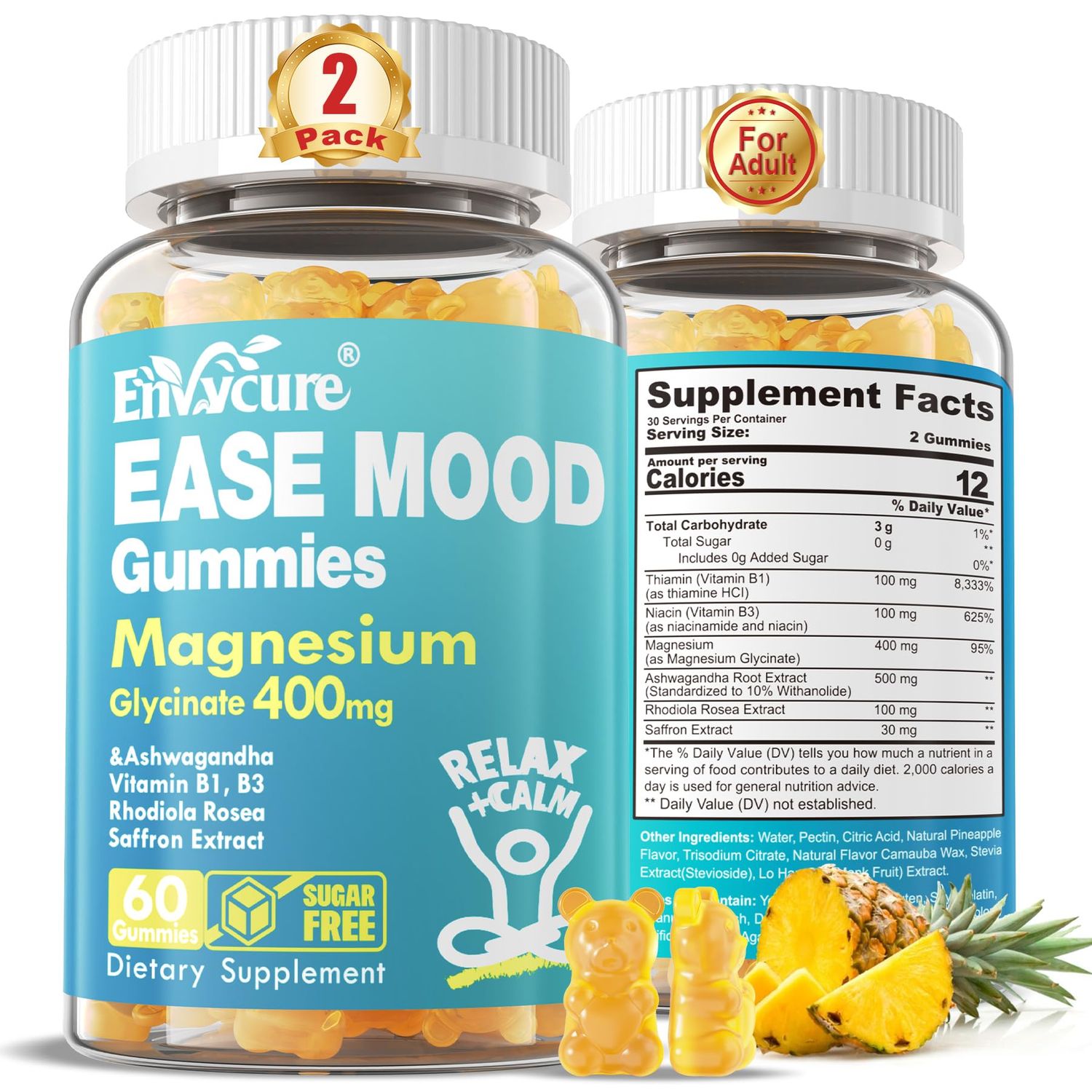 Sugar Free Magnesium Glycinate Gummies 400mg with Ashwagandha, B1, B3, Rhodiola Rosea Saffron for Support Rest, Mood Calm Magnesium Gummies for Adults, Chewable Magnesium Supplement, Vegan, 120Ct
