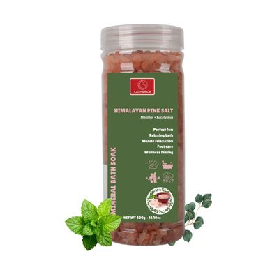 CATMERICA-Pink Himalayan Bath Salt with Eucalyptus and Mint Scent. Perfect for Aromatherapy, Relaxation, Wellness, Muscle Recovery, Body Care. Alternative to Epsom Salt, Magnesium Bath Flakes.