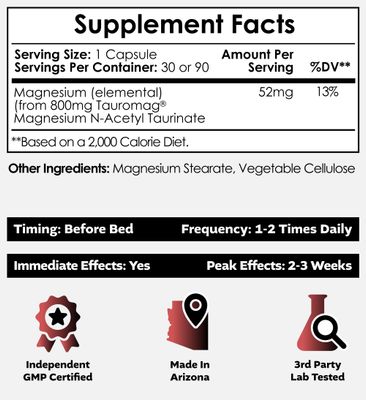 Nootropics Depot Tauromag Capsules 800mg Magnesium N-Acetyl Taurinate 30 Count