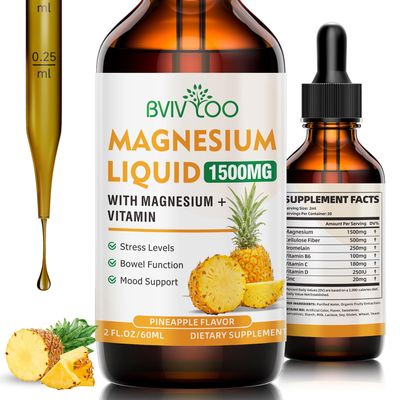 Magnesium Glycinate Liquid, High Absorption Magnesium Liquid Drops with Cellulose Fiber, Bromelain, Vitamins B6 C D Zinc, Magnesium Supplement for Adults Kids, Pineapple Flavor - 2 Fl Oz