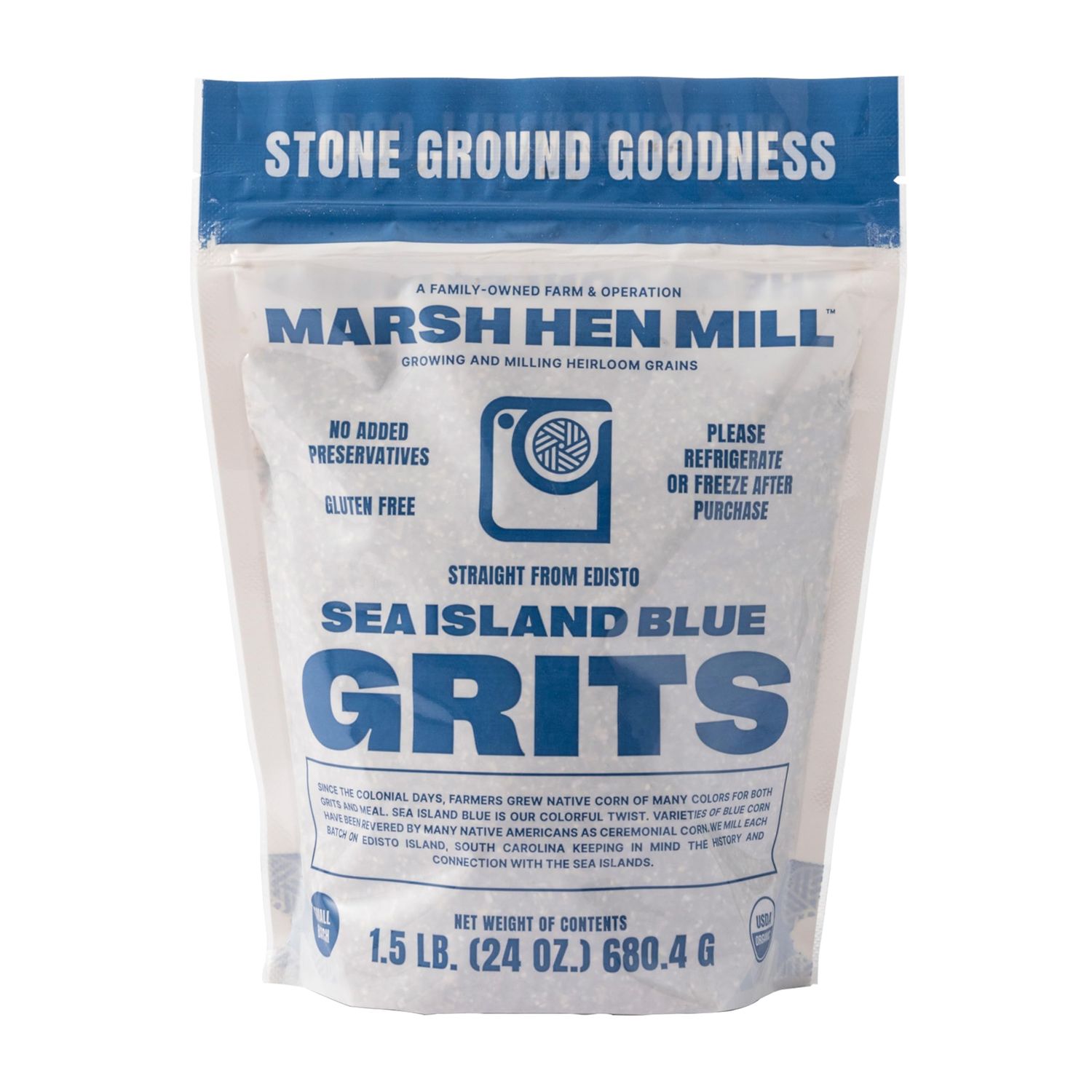 Marsh Hen Mill Sea Island Blue Grits Stone Ground Grits Gluten Free Old Fashioned Grits Southern Heirloom Corn Grits with a Hearty, Fruity, Nutty Flavor 100 Natural 24 Oz (Pack of 1)