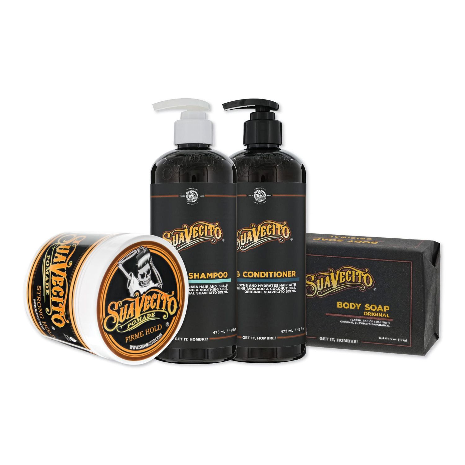 Suavecito Hair Body Essentials Bundle: Firme (Strong) Hold Hair Styling Pomade, Moisturizing Body Soap, Hydrating Shampoo Nourishing Conditioner