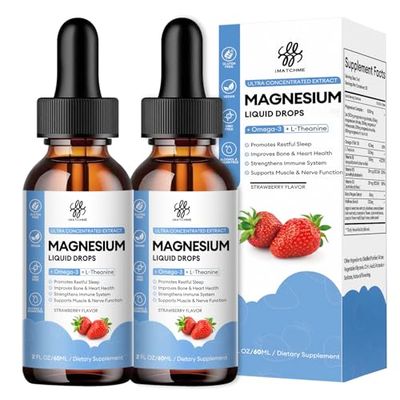 (2 Pack) Magnesium Glycinate Liquid Drop with Citrate, Oxide and Taurate, Calm Magnesium with Omega3, L-Theanine, D3, B6, B12 for Calm, Sleep, Leg Cramps, Muscles, Energy, Sugar-Free Strawberry Flavor