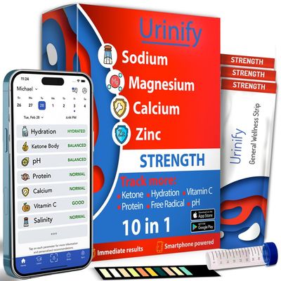 Urinify Mobile App Urine Test Strips -Trusted at Home Sodium, Salinity, Magnesium, Calcium, Electrolytes, Hydration, pH, Vitamin C, Protein, Keto Urinalysis Test Kit - Strength Kit (3 Strips)