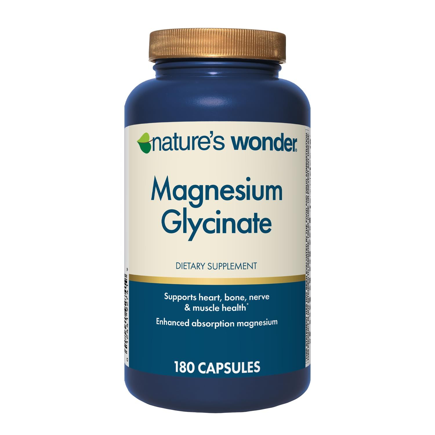 Nature&#39;s Wonder Magnesium Glycinate 200mg per Serving, Magnesium Glycinate Supplement Supports Sleep, Muscle Relaxation, Heart, Bone, Nerve Health, 180 Capsules, 90 Day Supply