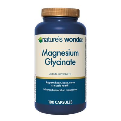 Nature&#39;s Wonder Magnesium Glycinate 200mg per Serving, Magnesium Glycinate Supplement Supports Sleep, Muscle Relaxation, Heart, Bone, Nerve Health, 180 Capsules, 90 Day Supply