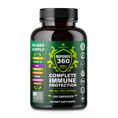Defence360 Immune Support 8-in-1 Supplement with Vitamin C, D3, Zinc, Elderberry, Echinacea, Turmeric, Ginger Quinine, Immune Protection, Energy and Vigor, Brain Boost, Stress Relief (120 Capsules)