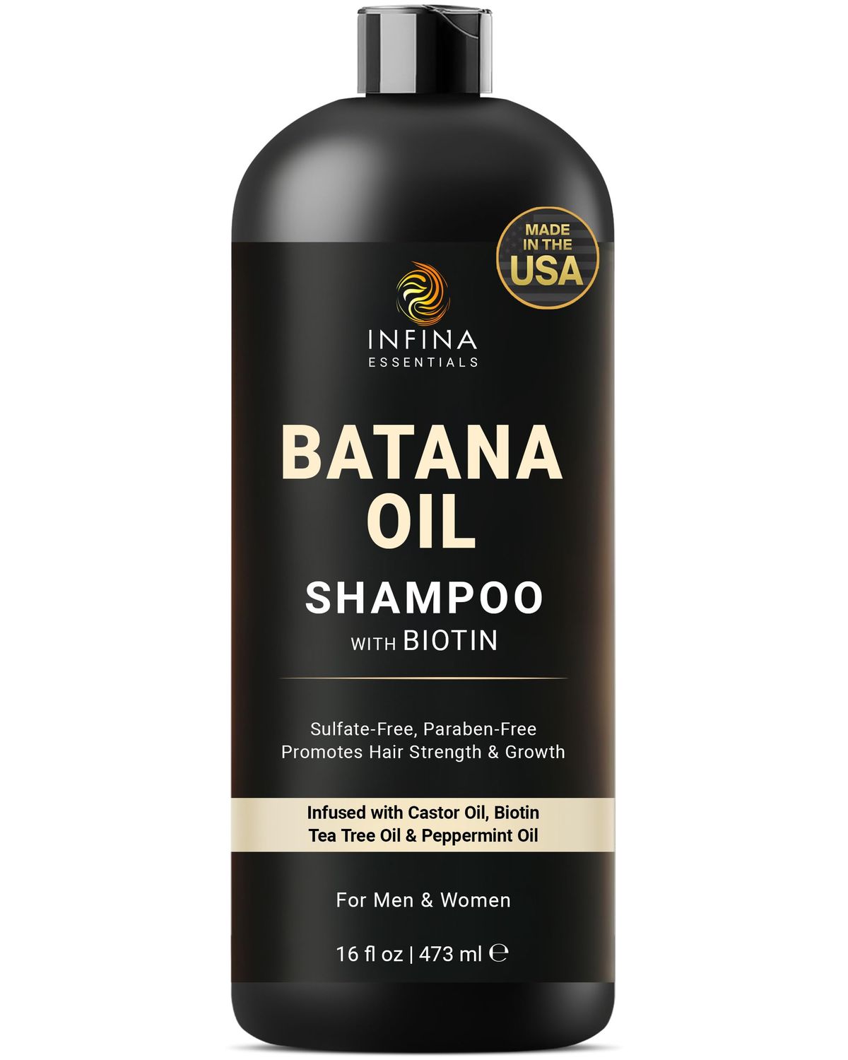 INFINA ESSENTIALS Batana Oil Shampoo with Biotin Tea Tree Oil - Hair Growth Thickening Shampoo for Men Women - Sulfate Free, Promotes Hair Strength Hydration, 16 fl oz