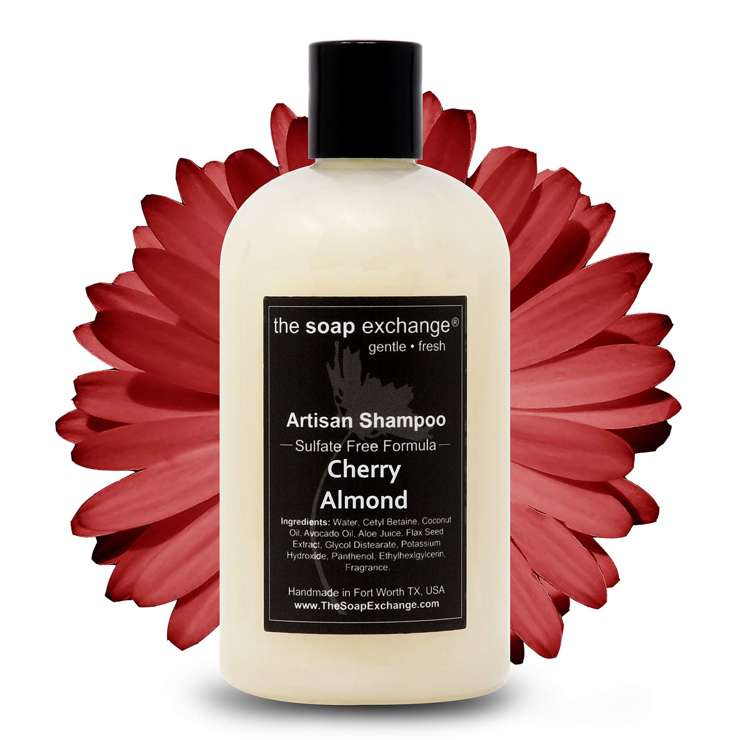 The Soap Exchange Hair Shampoo - Cherry Almond Scent - Hand Crafted 12 fl oz 354 ml Natural Artisan Hair Care, Gentle, Sulfate Paraben Free, Cleanse, Moisturize, Protect. Made in the USA.