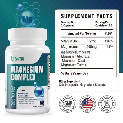 Magnesium Breakthrough Complex Supplement - High Absorption Magnesium 500mg, Magnesium Glycinate, Citrate, Malate, Taurate with B6 - Bone, Heart, Muscle Nervous System Support - 60 Capsules