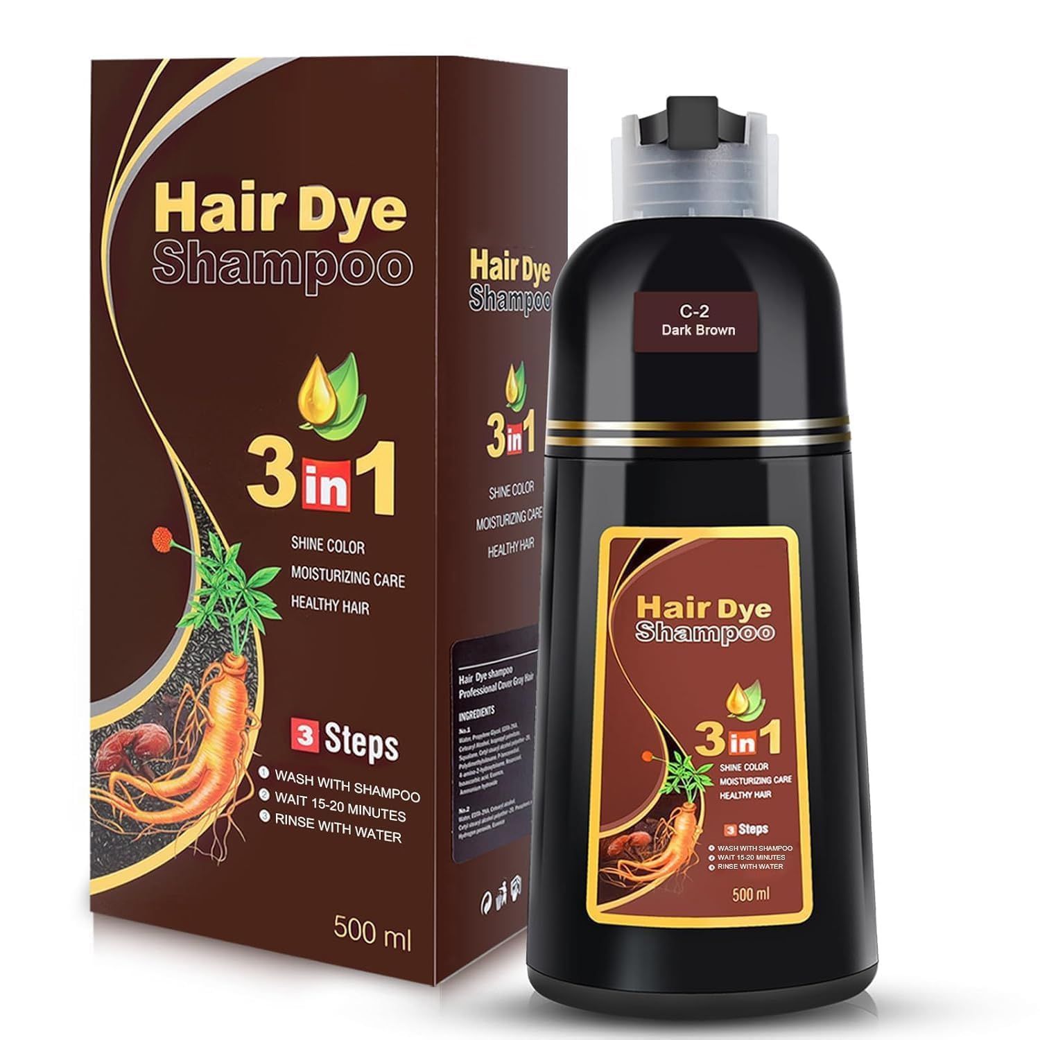 YOURTONE Dark Brown Hair Dye Shampoo 3 in 1 for Gray Hair Coverage, Instant Hair Color Shampoo Natural Plant Herbal Hair Dye Shampoo for Women Men (500ml)