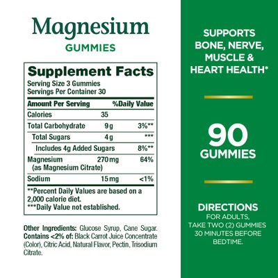 Nature's Bounty Magnesium 270mg Gummies, Supports Bone, Nerve, Muscle and Heart Health, 90 Gummies